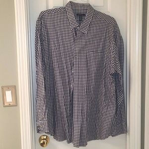 Men's long sleeve button down shirt in purple, black and white plaid.